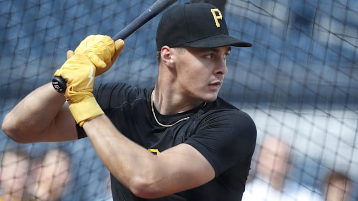 Pittsburgh Pirates shortstop Konnor Griffin, who was the ninth overall pick in the first round of the 2024 First-Year Player Draft at the batting cage before a game against the Arizona Diamondbacks at PNC Park.