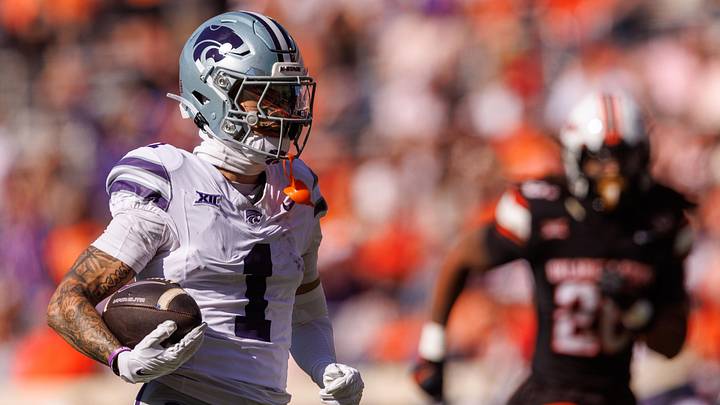 Nov 15, 2025; Stillwater, Oklahoma, USA; Kansas State Wildcats wide receiver Jayce Brown (1) runs into the end zone for a touchdown during the first half against the Oklahoma State Cowboys at Boone Pickens Stadium. Mandatory Credit: William Purnell-Imagn Images