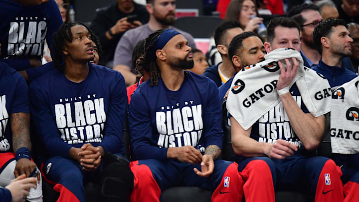 Feb 4, 2025; Inglewood, California, USA; Los Angeles Clippers guard Patty Mills (88) watches game action against the Los Angeles Lakers during the first half at Intuit Dome. Mandatory Credit: Gary A. Vasquez-Imagn Images