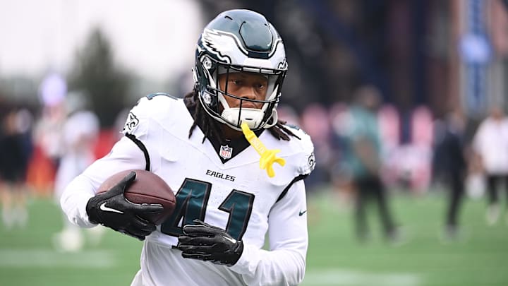 Aug 15, 2024; Foxborough, MA, USA; Philadelphia Eagles cornerback Shon Stephens (41) warms up before a game against the New England Patriots at Gillette Stadium. Mandatory Credit: Eric Canha-Imagn Images