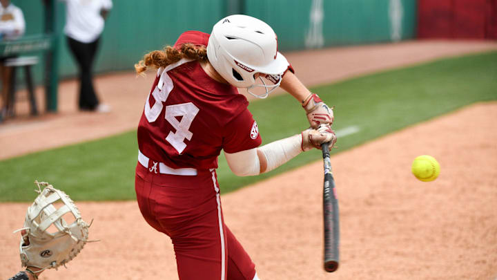 May 18 2024; Tuscaloosa, AL, USA; Alabama batter Marlie Giles (34) takes a swing during the Tuscaloosa Regional at Rhoads Stadium. Alabama defeated Southeast Louisiana 6-3 in 9 innings.