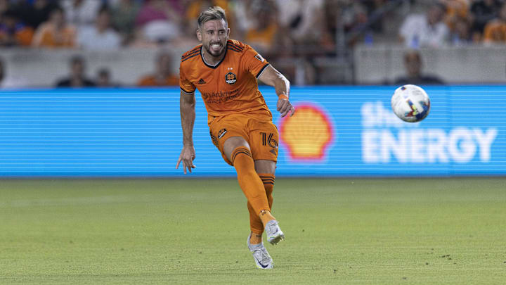 Jul 9, 2022; Houston, Texas, USA; Houston Dynamo midfielder Hector Herrera (16) dribbles against the