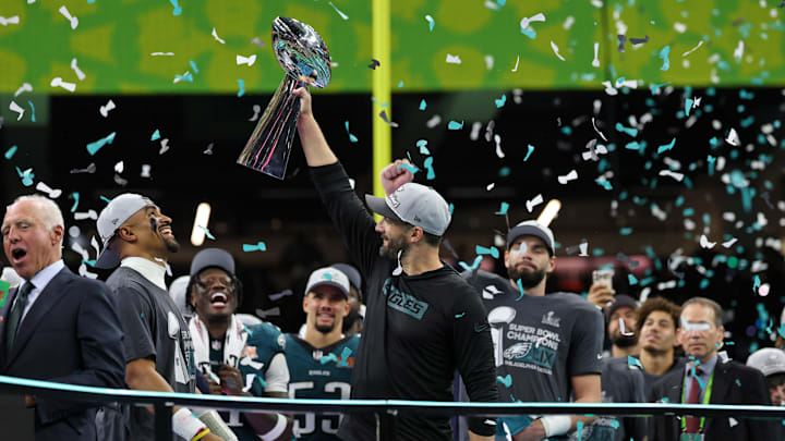 Philadelphia Eagles head coach Nick Sirianni holds the Lombardi Trophy after his team beat the Kansas City Chiefs 40-22 at Super Bowl LIX.