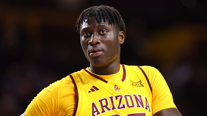 Mar 3, 2026; Tempe, Arizona, USA; Arizona State Sun Devils center Massamba Diop (35) against the Kansas Jayhawks at Desert Financial Arena. Mandatory Credit: Mark J. Rebilas-Imagn Images Mar 3, 2026; Tempe, Arizona, USA; Arizona State Sun Devils center Massamba Diop (35) against the Kansas Jayhawks at Desert Financial Arena. Mandatory Credit: Mark J. Rebilas-Imagn Images