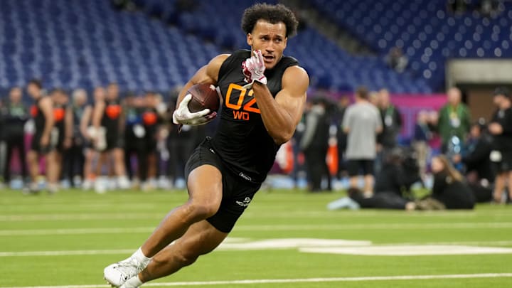 Mar 1, 2025; Indianapolis, IN, USA; Stanford wideout Elic Ayomanor (WO02) during the 2025 NFL Combine at Lucas Oil Stadium. Mandatory Credit: Kirby Lee-Imagn Images