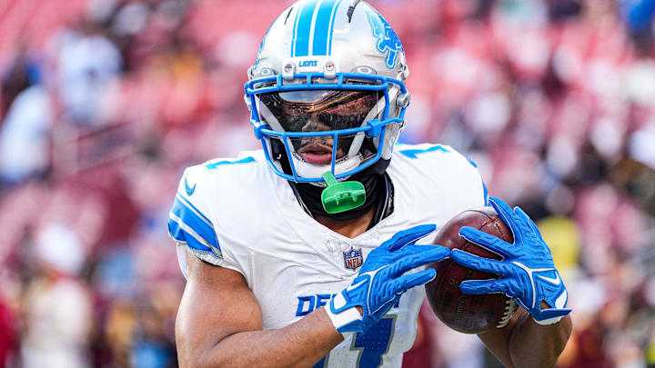 Detroit Lions wide receiver Kalif Raymond (11) warms up ahead of the Washington Commanders game at Northwest Stadium in Landover, Md. on Sunday, November 9, 2025.