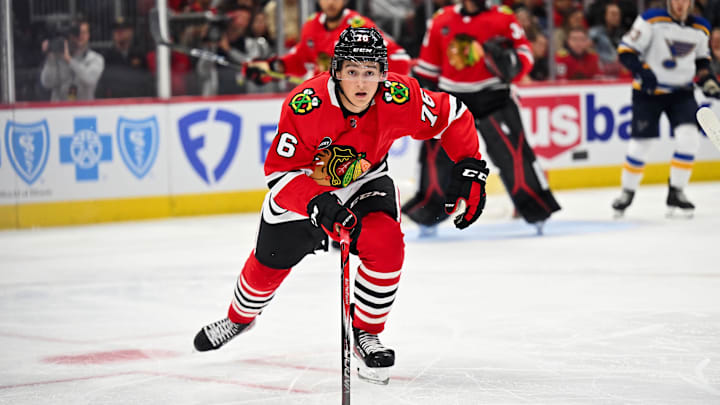 Sep 28, 2023; Chicago, Illinois, USA; Chicago Blackhawks forward Nick Lardis (76) skates against the St. Louis Blues at United Center. Mandatory Credit: Jamie Sabau-Imagn Images Sep 28, 2023; Chicago, Illinois, USA; Chicago Blackhawks forward Nick Lardis (76) skates against the St. Louis Blues at United Center. Mandatory Credit: Jamie Sabau-Imagn Images