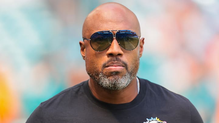Miami Dolphins defensive coordinator Anthony Weaver looks on before the game against the Los Angeles Chargers at Hard Rock Stadium.
