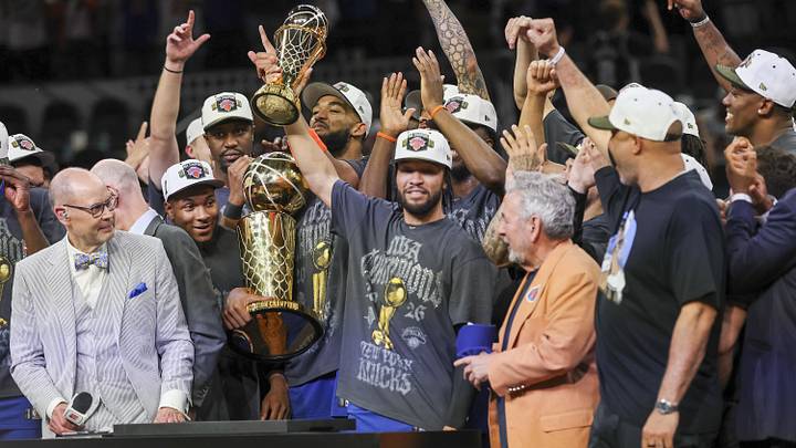 Jun 13, 2026; San Antonio, Texas, USA; New York Knicks guard Jalen Brunson (11) celebrates with his teammates after the Knicks defeat the San Antonio Spurs during game five of the 2026 NBA Finals at Frost Bank Center. Mandatory Credit: Geoff Burke-Imagn Images Jun 13, 2026; San Antonio, Texas, USA; New York Knicks guard Jalen Brunson (11) celebrates with his teammates after the Knicks defeat the San Antonio Spurs during game five of the 2026 NBA Finals at Frost Bank Center. Mandatory Credit: Geoff Burke-Imagn Images
