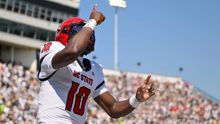 Sep 19, 2026; Nashville, Tennessee, USA; NC State Wolfpack quarterback Will Wilson (10) celebrates his touchdown against the Vanderbilt Commodores during the first half at FirstBank Stadium. Sep 19, 2026; Nashville, Tennessee, USA; NC State Wolfpack quarterback Will Wilson (10) celebrates his touchdown against the Vanderbilt Commodores during the first half at FirstBank Stadium.