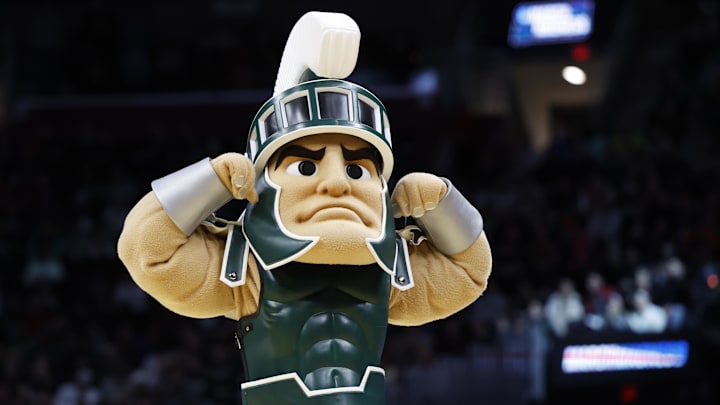 Mar 23, 2025; Cleveland, OH, USA; Michigan State Spartans mascot “Sparty” performs in the first half against the New Mexico Lobos during the NCAA Tournament Second Round at Rocket Arena. Mandatory Credit: Rick Osentoski-Imagn Images