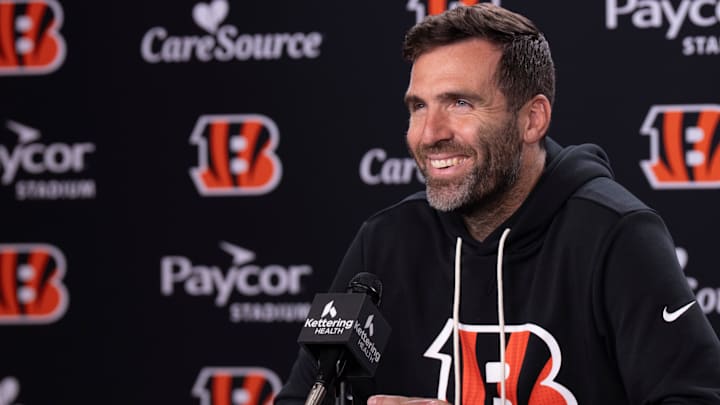 Bengals quarterback Joe Flacco smiles during a press conference at Paycor Stadium in Cincinnati on Oct. 14, 2025. Bengals quarterback Joe Flacco smiles during a press conference at Paycor Stadium in Cincinnati on Oct. 14, 2025.