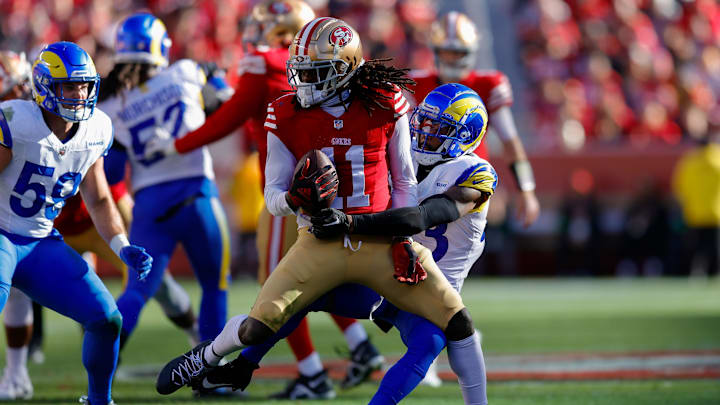 Jan 7, 2024; Santa Clara, California, USA; San Francisco 49ers wide receiver Brandon Aiyuk (11) makes a catch during the second quarter against the Los Angeles Rams at Levi's Stadium. Mandatory Credit: Sergio Estrada-USA TODAY Sports