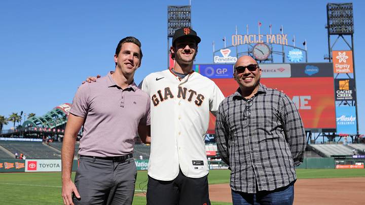 Jul 26, 2023; San Francisco, California, USA; San Francisco Giants general manager Pete Putila, first round draft pick Bryce Eldridge, and president of baseball operations Farhan Zaidi pose for a photo before the game against the Oakland Athletics at Oracle Park. Mandatory Credit: Sergio Estrada-Imagn Images