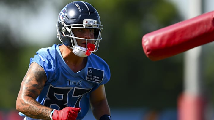 Jul 23, 2025; Nashville, TN, USA;  Tennessee Titans wide receiver Xavier Restrepo (87) goes through drills during training camp at Ascension Saint Thomas Sports Park. Mandatory Credit: Steve Roberts-Imagn Images