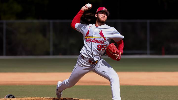 Feb 14, 2026; Jupiter, FL, USA; St. Louis Cardinals pitcher Luis Gastelum (95) delivers a pitch during a spring training workout at Roger Dean Chevrolet Stadium. Mandatory Credit: Sam Navarro-Imagn Images