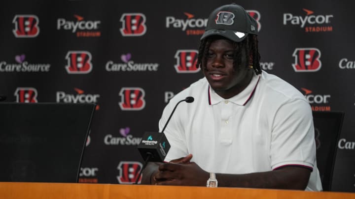Amarius Mims joins the Bengals, speaking at a press conference at Paycor Stadium on Friday April 26, 2024.