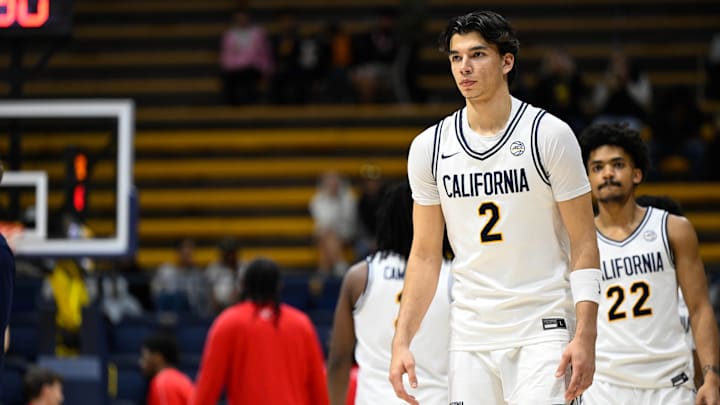 Feb 26, 2025; Berkeley, California, USA; California Golden Bears guard Andrej Stojakovic (2) looks on during warm ups before their game against the SMU Mustangs at Haas Pavilion. Mandatory Credit: Eakin Howard-Imagn Images