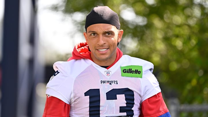 Jul 23, 2025; Foxborough, MA, USA; New England Patriots wide receiver Mack Hollins (13) heads to the practice field for day one of training camp at Gillette Stadium. Mandatory Credit: Eric Canha-Imagn Images