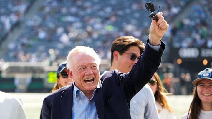 Dallas Cowboys Owner, President and General Manager Jerry Jones waves on the field prior to a game against the New York Jets Dallas Cowboys Owner, President and General Manager Jerry Jones waves on the field prior to a game against the New York Jets