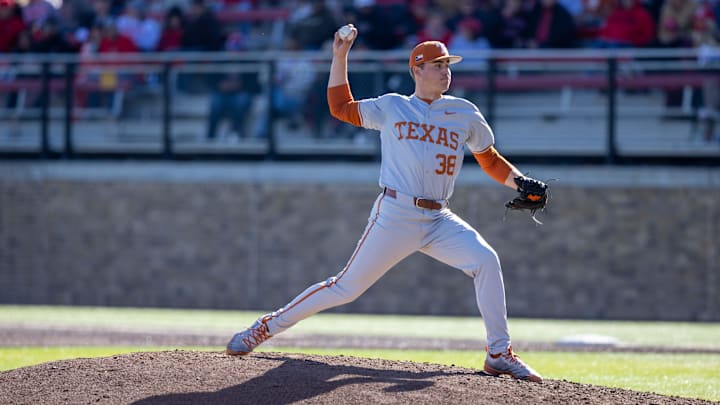 Texas pitcher Max Grubbs throws a pitch in game two of the Big 12 baseball series against Texas Tech. Texas pitcher Max Grubbs throws a pitch in game two of the Big 12 baseball series against Texas Tech.