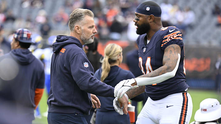 Marcedes Lewis has a quick word with former coach Matt Eberflus in pregame warmups. Lewis is the second-oldest NFL player. Marcedes Lewis has a quick word with former coach Matt Eberflus in pregame warmups. Lewis is the second-oldest NFL player.