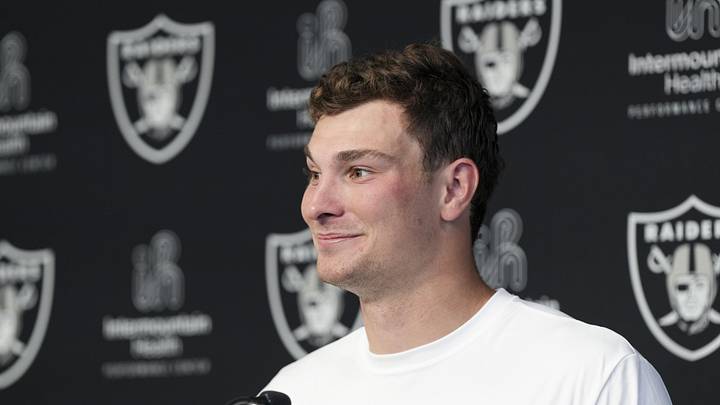 Las Vegas Raiders quarterback Fernando Mendoza speaks during a news conference at the team’s Rookie Minicamp. Las Vegas Raiders quarterback Fernando Mendoza speaks during a news conference at the team’s Rookie Minicamp.