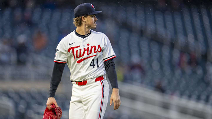 Apr 14, 2025; Minneapolis, Minnesota, USA; Minnesota Twins starting pitcher Joe Ryan (41) reacts after getting the final out of the fourth inning against the New York Mets at Target Field.