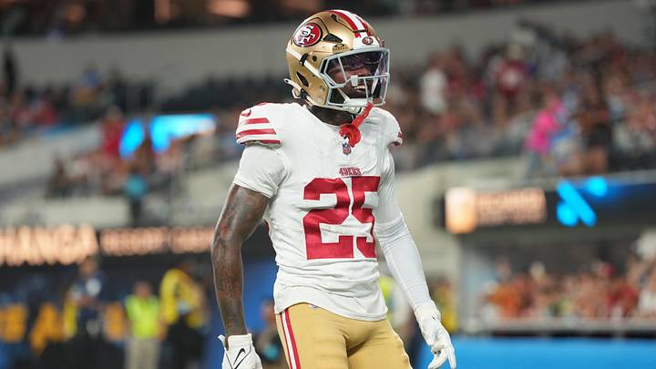 Aug 20, 2026; Inglewood, California, USA; San Francisco 49ers cornerback Jack Jones (25) reacts in the second half ]against the Los Angeles Chargers at SoFi Stadium. Mandatory Credit: Kirby Lee-Imagn Images