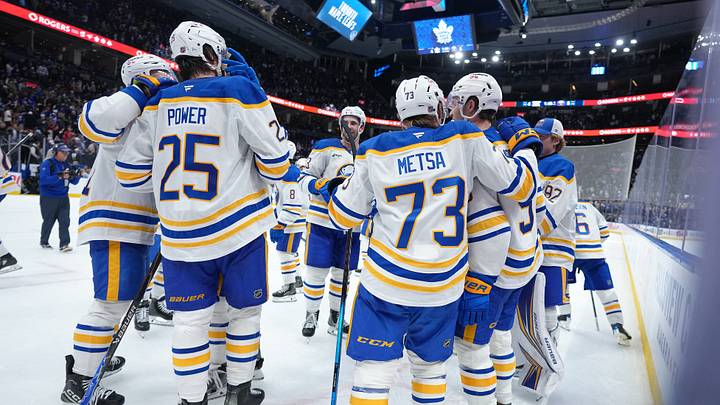 Buffalo Sabres defenseman Owen Power (25) scores the winning goal and celebrates with right wing Josh Doan (91) against the Toronto Maple Leafs during the overtime period at Scotiabank Arena. Mandatory Credit: Nick Turchiaro-Imagn Images Buffalo Sabres defenseman Owen Power (25) scores the winning goal and celebrates with right wing Josh Doan (91) against the Toronto Maple Leafs during the overtime period at Scotiabank Arena. Mandatory Credit: Nick Turchiaro-Imagn Images