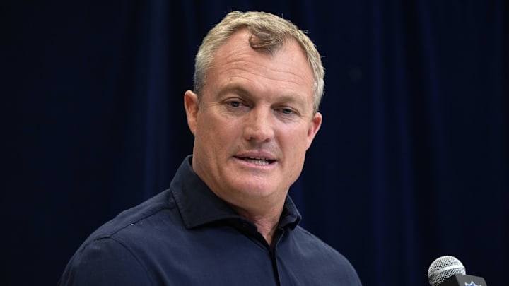 Feb 27, 2025; Indianapolis, IN, USA; San Francisco 49ers general manager John Lynch speaks during the 2025 NFL Scouting Combine at the Indiana Convention Center. Mandatory Credit: Kirby Lee-Imagn Images