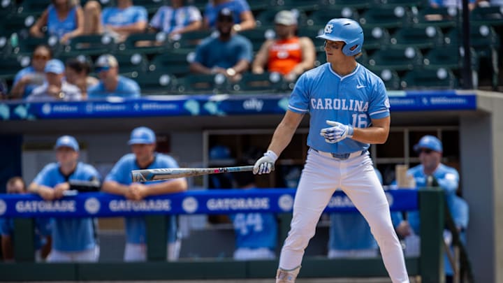 May 23, 2024; Charlotte, NC, USA; North Carolina Tar Heels outfielder Casey Cook (16) at bat against the Pittsburgh Panthers in the second inning during the ACC Baseball Tournament at Truist Field. Mandatory Credit: Scott Kinser-USA TODAY Sports