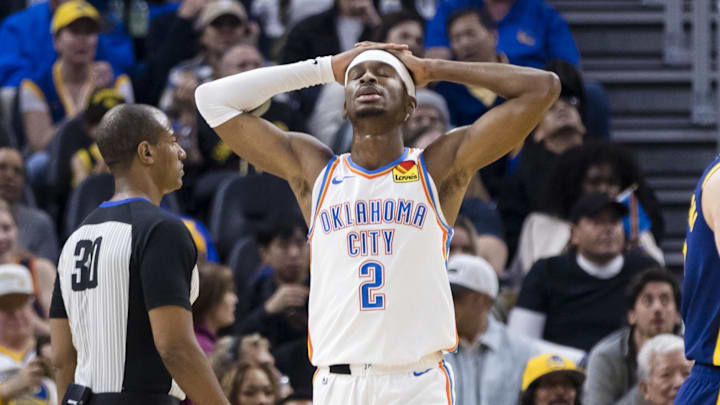 Nov 18, 2023; San Francisco, California, USA; Oklahoma City Thunder guard Shai Gilgeous-Alexander (2) reacts after fouling a Golden State Warriors    player during the first half at Chase Center. Mandatory Credit: John Hefti-Imagn Images