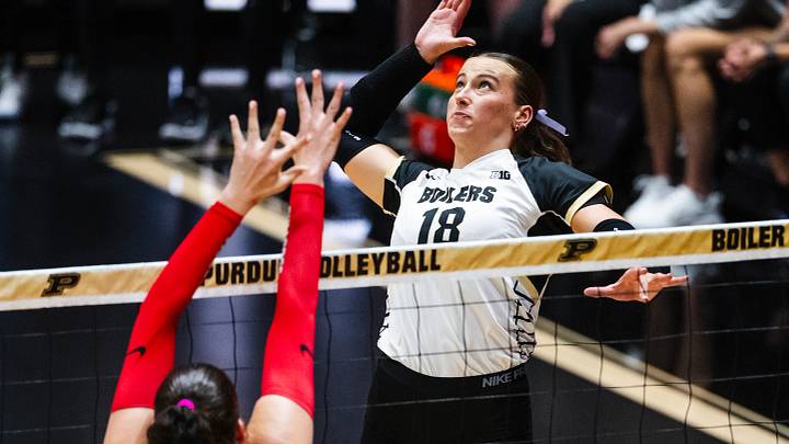 Purdue outside hitter Addy Tindall takes a swing. Purdue outside hitter Addy Tindall takes a swing.