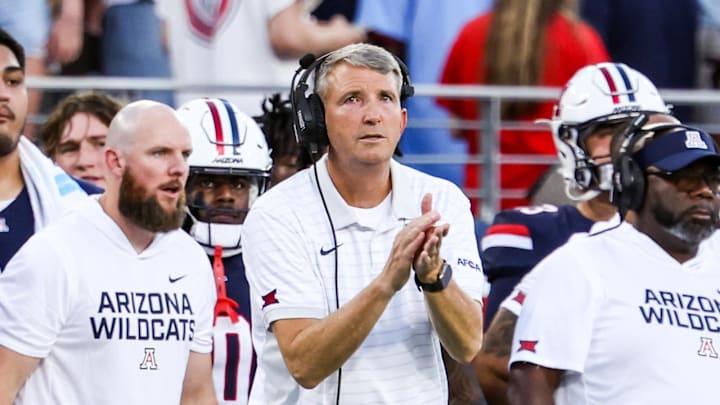 Sep 12, 2025; Tucson, Arizona, USA; Arizona Wildcats head coach Brent Brennan hypes up his team during the first quarter of the game against the Kansas State Wildcats at Arizona Stadium. Mandatory Credit: Aryanna Frank-Imagn Images