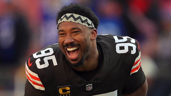 Cleveland Browns defensive end Myles Garrett (95) is all smiles as he jogs back inside before an NFL football game at Huntington Bank Field, Dec. 21, 2025, in Cleveland, Ohio. Cleveland Browns defensive end Myles Garrett (95) is all smiles as he jogs back inside before an NFL football game at Huntington Bank Field, Dec. 21, 2025, in Cleveland, Ohio.