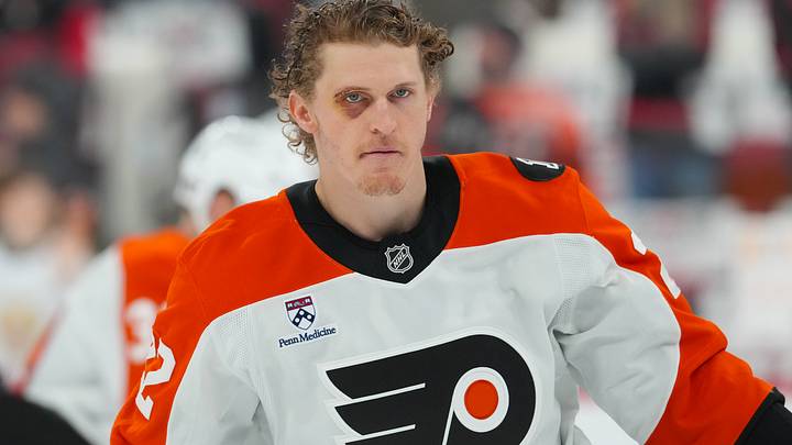 May 2, 2026; Raleigh, North Carolina, USA; Philadelphia Flyers center Christian Dvorak (22) skates during the warmups before the game against the Carolina Hurricanes at Lenovo Center. Mandatory Credit: James Guillory-Imagn Images