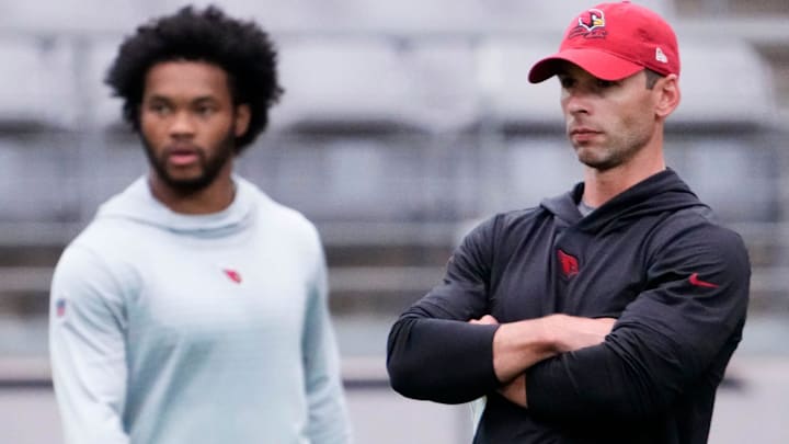 Jul 27, 2023; Phoenix, AZ, USA; Arizona Cardinals head coach Jonathan Gannon and quarterback Kyler