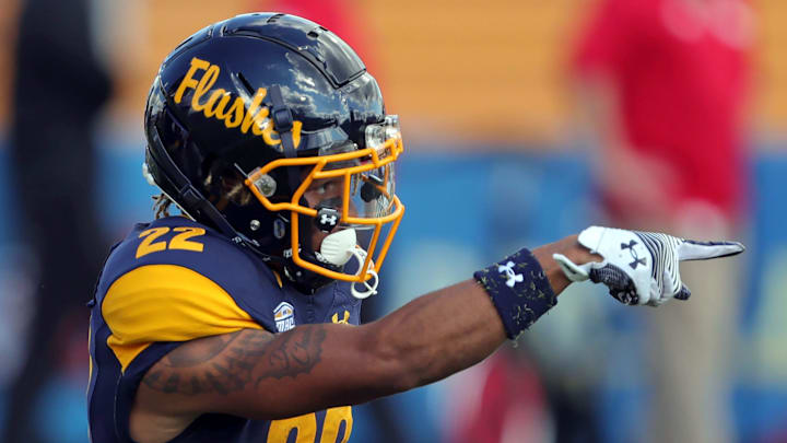 Kent State Golden Flashes wide receiver Chrishon McCray (22) celebrates after a first down against Miami during the first half of an NCAA football game at Dix Stadium, Saturday, Sept. 30, 2023, in Kent, Ohio.