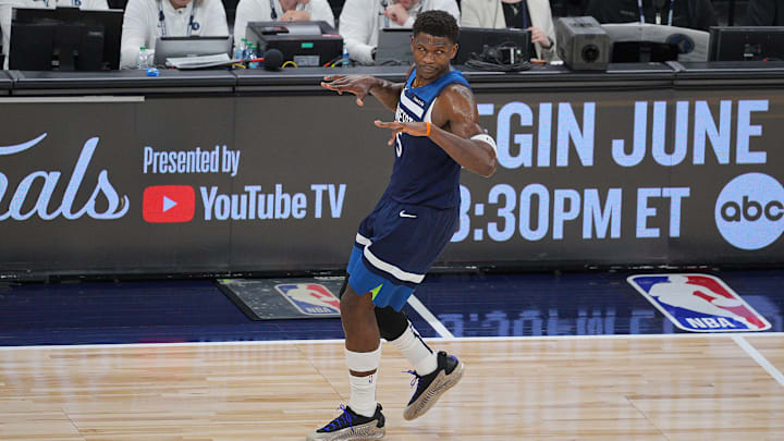 Minnesota Timberwolves guard Anthony Edwards reacts after a basket against the Oklahoma City Thunder during the first half in Game 3 of the Western Conference at Target Center in Minneapolis on May 24, 2025. Minnesota Timberwolves guard Anthony Edwards reacts after a basket against the Oklahoma City Thunder during the first half in Game 3 of the Western Conference at Target Center in Minneapolis on May 24, 2025.