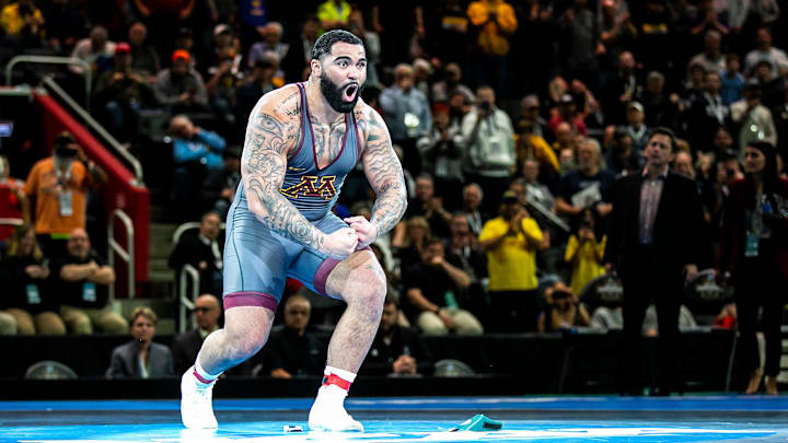 Minnesota's Gable Steveson reacts after his match at 285 pounds in the finals during the sixth session of the NCAA Division I Wrestling Championships, Saturday, March 19, 2022, at Little Caesars Arena in Detroit, Mich.