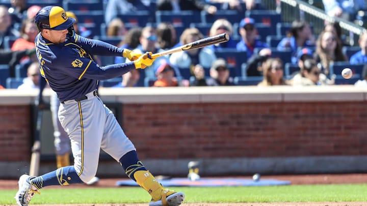 Mar 30, 2024; New York City, New York, USA; Milwaukee Brewers designated hitter Rhys Hoskins (12) Mar 30, 2024; New York City, New York, USA; Milwaukee Brewers designated hitter Rhys Hoskins (12)