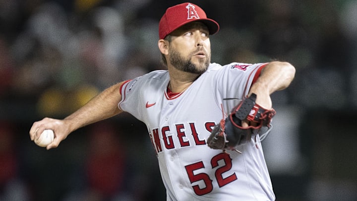 March 30, 2023; Oakland, California, USA; Los Angeles Angels relief pitcher Ryan Tepera (52)