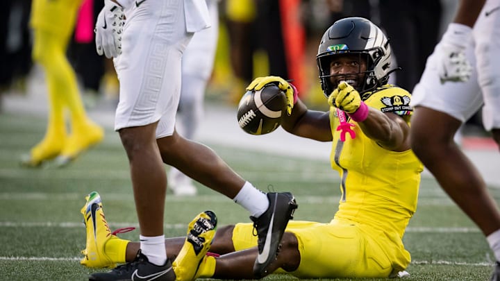 Oregon Ducks wide receiver Traeshon Holden celebrates a catch as the Ducks host the Spartans Friday, Oct. 4, 2024 at Autzen Stadium in Eugene, Ore.