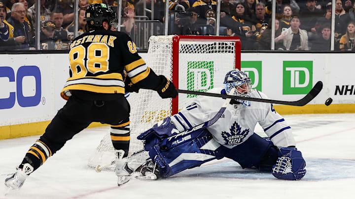 Mar 24, 2026; Boston, Massachusetts, USA; Boston Bruins right wing David Pastrnak (88) reaches for a rebound in front of Toronto Maple Leafs goaltender Anthony Stolarz (41) during the second period at TD Garden. Mandatory Credit: Winslow Townson-Imagn Images Mar 24, 2026; Boston, Massachusetts, USA; Boston Bruins right wing David Pastrnak (88) reaches for a rebound in front of Toronto Maple Leafs goaltender Anthony Stolarz (41) during the second period at TD Garden. Mandatory Credit: Winslow Townson-Imagn Images