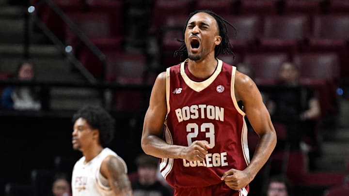Feb 17, 2026; Tallahassee, Florida, USA; Boston College Eagles guard Aidan Shaw (23) celebrates a three point shot during the first half against Florida State Seminoles at Donald L. Tucker Center. Mandatory Credit: Melina Myers-Imagn Images
