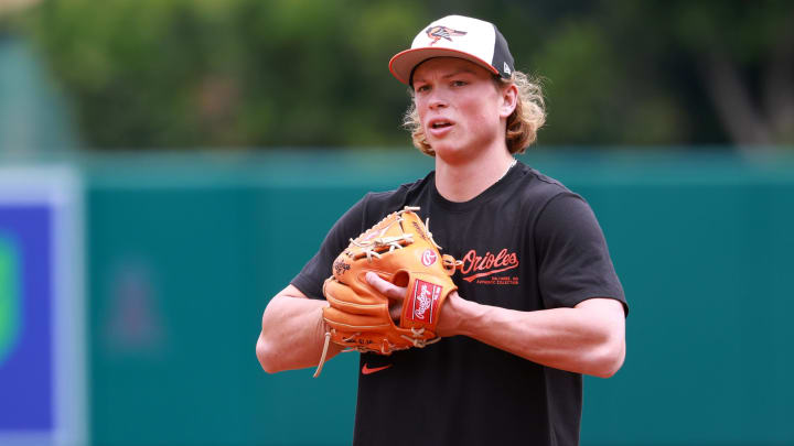 Apr 24, 2024; Anaheim, California, USA;  Baltimore Orioles second base Jackson Holliday (7) takes the field before the game against the Los Angeles Angels at Angel Stadium. 