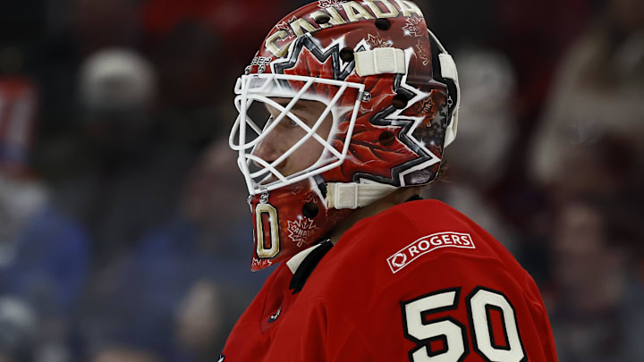 Feb 20, 2025; Boston, MA, USA; [Imagn Images direct customers only] Team Canada goaltender Jordan Binnington (50) during the 4 Nations Face-Off ice hockey championship game against the United States at TD Garden. Mandatory Credit: Winslow Townson-Imagn Images