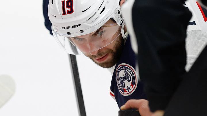 Apr 7, 2026; Detroit, Michigan, USA;  Columbus Blue Jackets center Adam Fantilli (19) gets set to face off in the first period against the Detroit Red Wings at Little Caesars Arena. Mandatory Credit: Rick Osentoski-Imagn Images