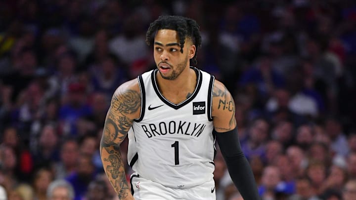 Apr 23, 2019; Philadelphia, PA, USA; Brooklyn Nets guard D'Angelo Russell (1) against the Philadelphia 76ers in game five of the first round of the 2019 NBA Playoffs at Wells Fargo Center. Mandatory Credit: Eric Hartline-Imagn Images Apr 23, 2019; Philadelphia, PA, USA; Brooklyn Nets guard D'Angelo Russell (1) against the Philadelphia 76ers in game five of the first round of the 2019 NBA Playoffs at Wells Fargo Center. Mandatory Credit: Eric Hartline-Imagn Images